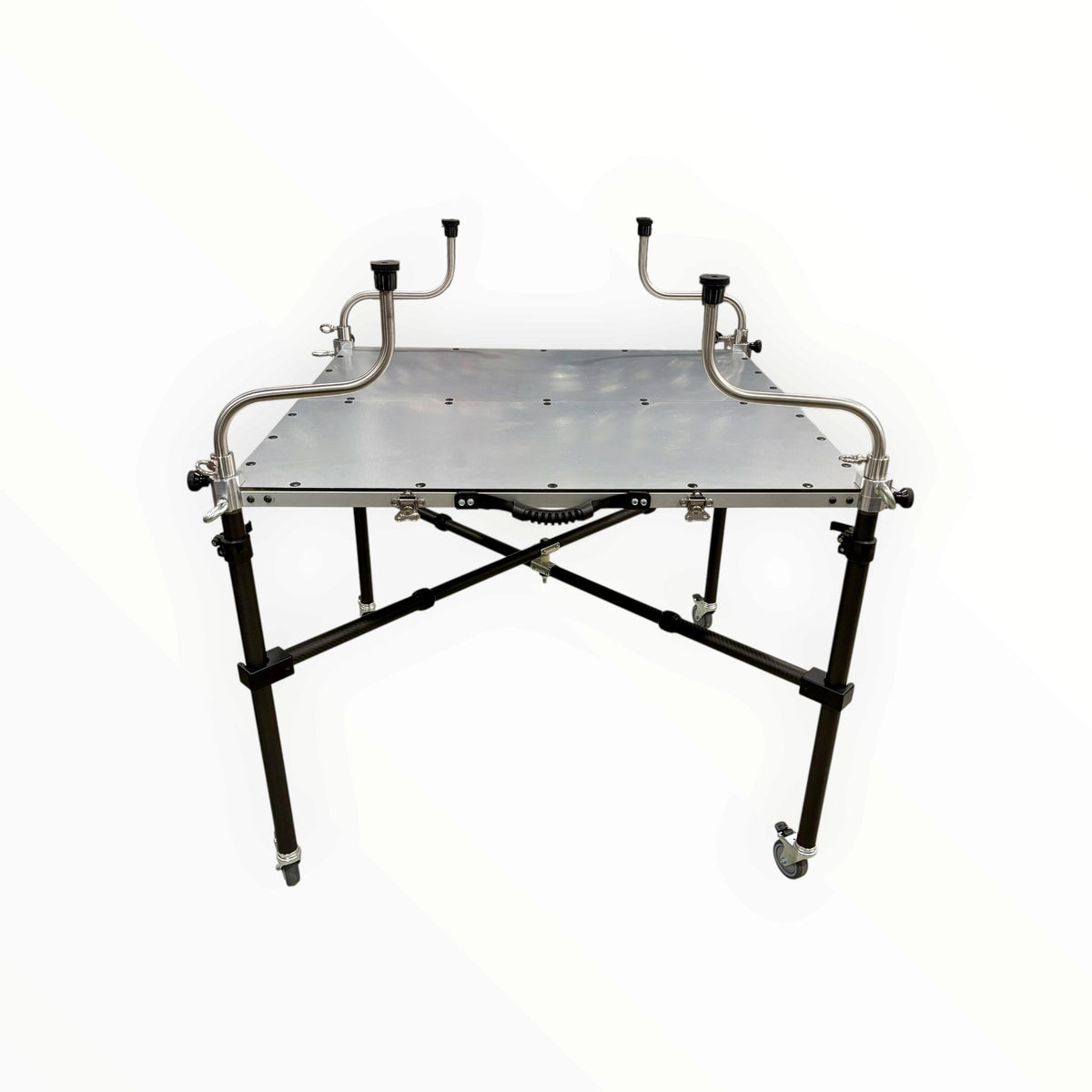 Front view of Metal Medic Travel Lite Hood Stand with padded support arms, carbon fiber legs and X-brace.
 Main image