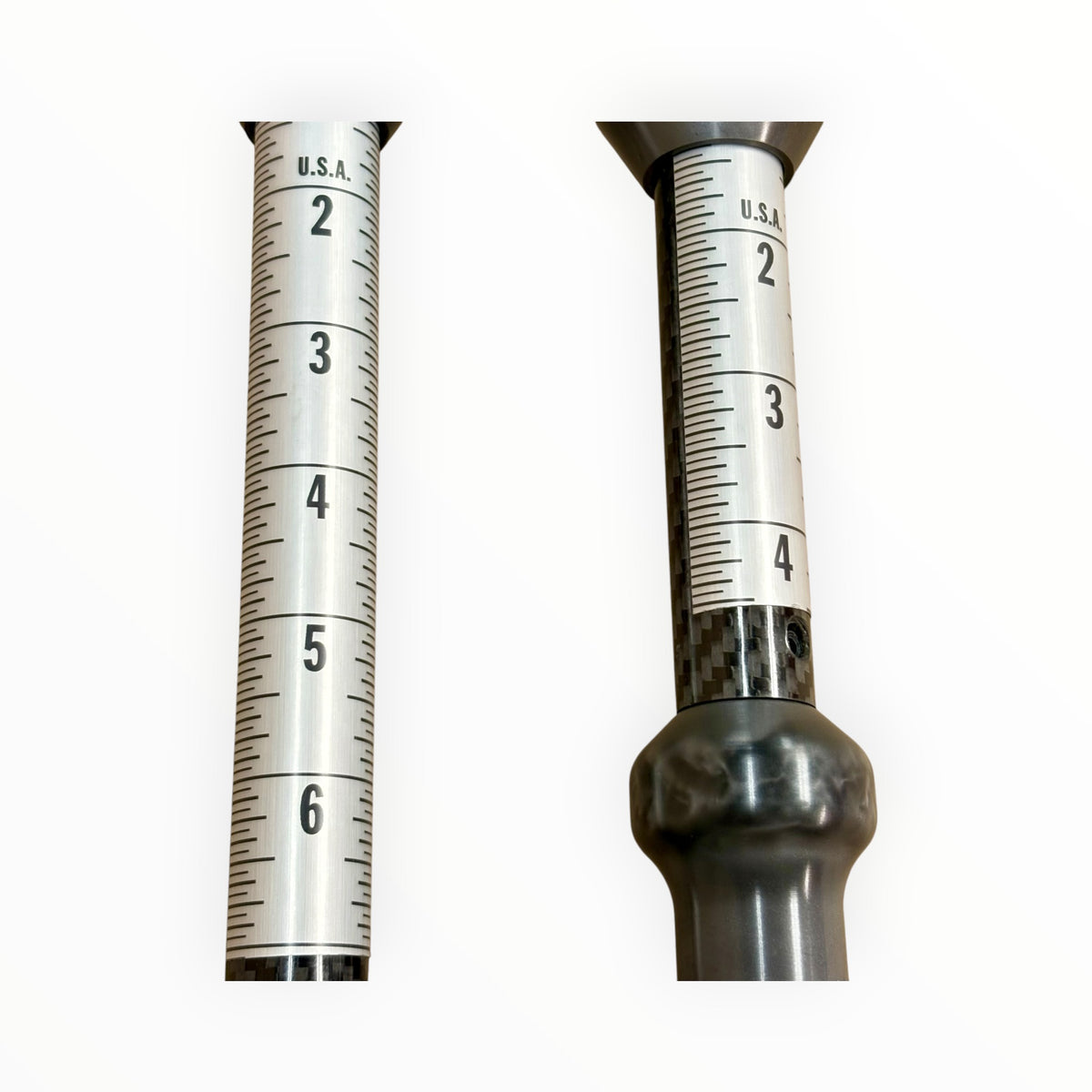 Close-up of numbered power scales on Rail-Rifle and Rail-Pistol slide hammer shafts.
