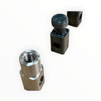 Close-up of threaded tab adapter and round cold glue tab with square drive bases.